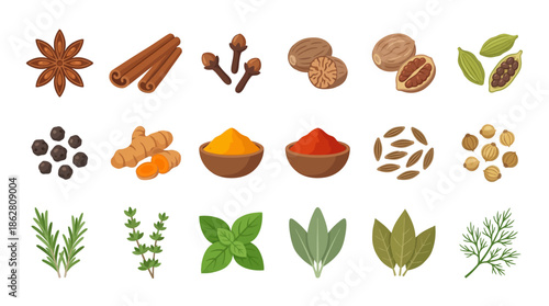 Assorted Herbs and Spices in Bowls.