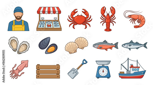 Assorted Seafood and Fishing Related Icons.