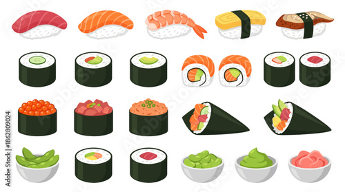 Assorted Sushi and Sashimi with Garnishes.