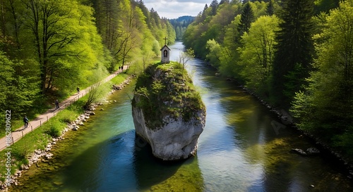 Elevated small religious shrine rests atop a towering rock formation surrounded by lush green forest alongside a flowing river