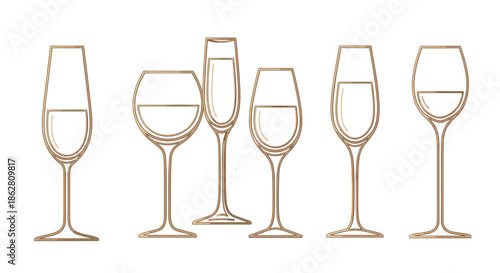 Set of various elegant wine and champagne glass silhouettes with golden outlines for dining and parties.