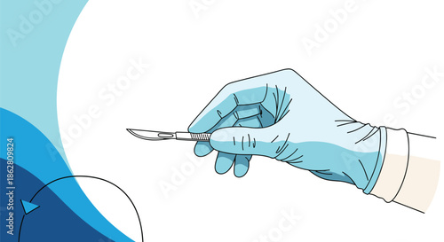 Medical professional hand in a blue glove holding a sharp surgical scalpel for operation or procedure.