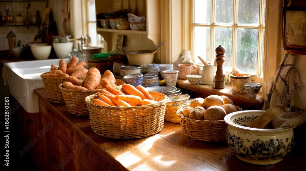 Fototapeta premium Warm rustic kitchen countertop with baskets of root vegetables, ceramic bowls, and baking tools bathed in golden sunlight, evoking cozy, homely atmosphere with natural textures and soft shadows