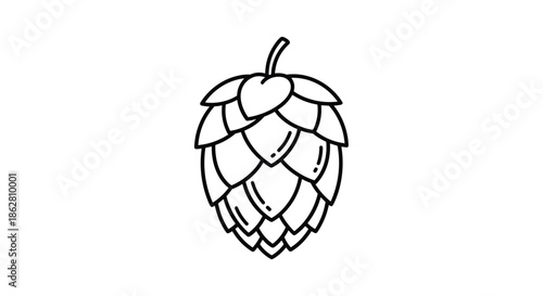 Black and white line art illustration of a single hop cone used for brewing beer isolated on a plain white background.