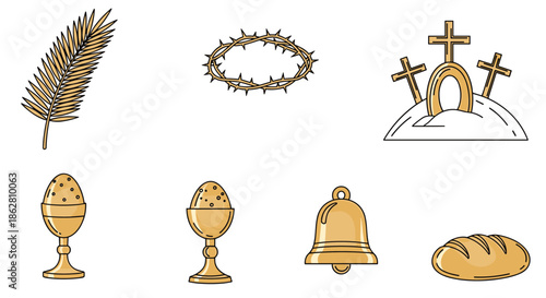 Group of golden religious icons including a palm branch, crown of thorns, three crosses on a hill, chalices, bell, and bread.