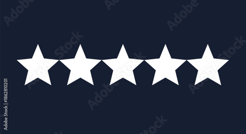 Row of five identical five pointed white stars arranged horizontally across a dark navy blue background to show rating.