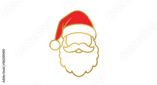 Minimalist golden outline of Santa Claus with a red hat and white beard for festive Christmas holiday decoration.