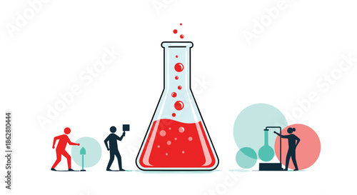 Concept of scientific research with a large bubbling flask and small figures of people working around it in a lab.