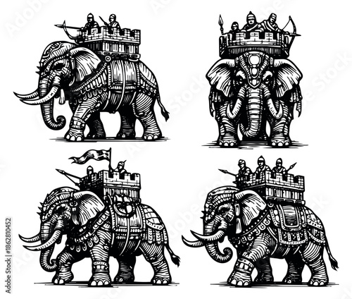 Hand drawn line art war elephant set featuring armored elephants with soldiers in howdahs for historical military concepts