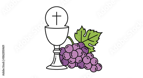 Catholic religious symbols including a golden chalice with the holy host and a bunch of grapes with a leaf.
