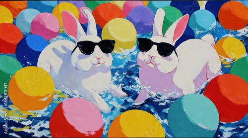 Two playful rabbits wearing sunglasses swim among colorful floating balls in a vibrant pool scene.