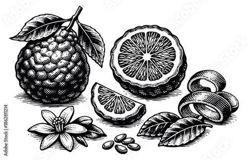 Engraving style hand drawn bergamot fruit botanical set featuring whole and sliced fruit, flower, leaves, zest, and seeds for food, beverage, and cosmetic designs