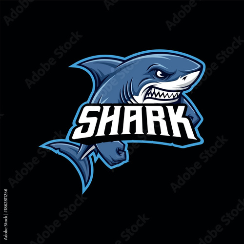 A blue shark illustration with sharp teeth against a black background