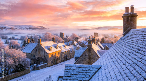 Snowy English Village at Sunrise with Frosted Stone Cottages