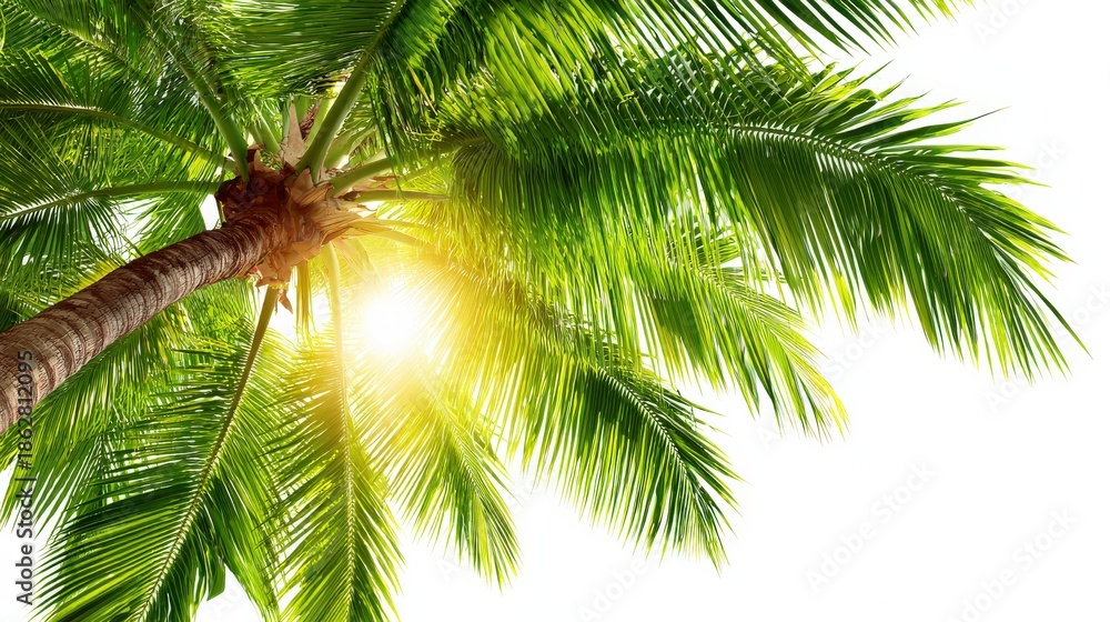 Obraz premium Lush palm tree leaves stretch upward, illuminated by soft sunlight, creating a tropical and serene atmosphere.