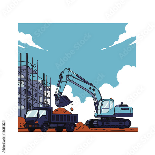 Construction site with excavator loading dirt into a dump truck next to a building under construction with scaffolding