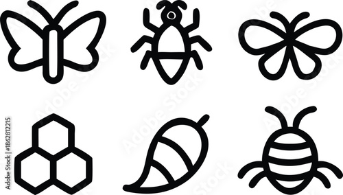 Spring nature and wildlife outline icons set including butterfly bee insect honey cells and birdhouse illustration