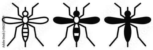 Mosquito silhouettes in various black and white designs,Mosquito icons isolated on white background. Gnat silhouettes. Poisonous flying insects. Malaria, dengue or zika virus concept.