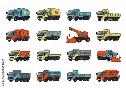Collection of cartoon construction and utility trucks, including dump trucks, tankers, and snowplows, isolated on white background