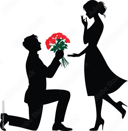 Man proposing to woman with bouquet of flowers on one knee gesture