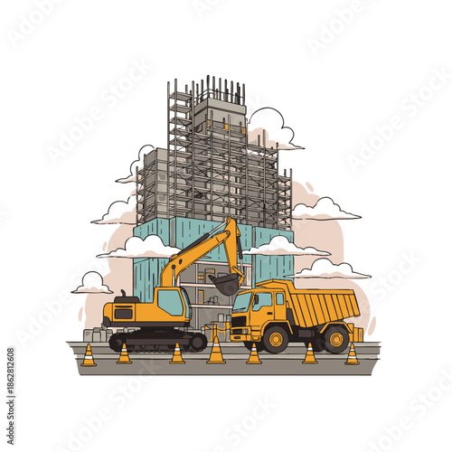 Urban construction site with heavy machinery, excavator, and dump truck working on new building development. Illustration of modern city growth and infrastructure.