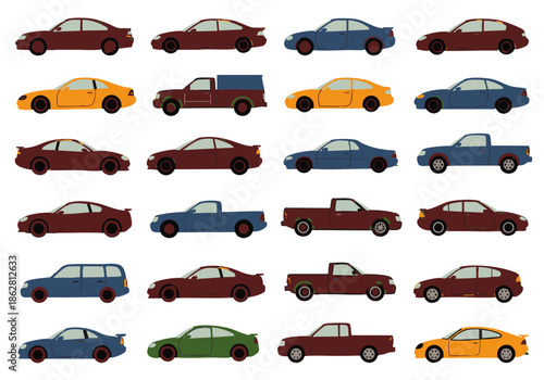Set of various cartoon cars and vehicles in side view, including sedans, trucks, and wagons, ideal for transportation and automotive designs.