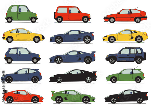 Large collection of various cartoon cars in a modern flat vector design style, showcasing diverse vehicle types and colors, perfect for automotive themes.