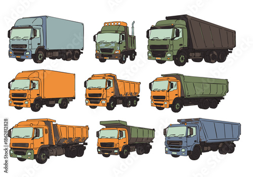 Vector illustration set of diverse commercial trucks. Featuring box, dump, and semi-trailer trucks, ideal for transport, logistics, and construction themes.