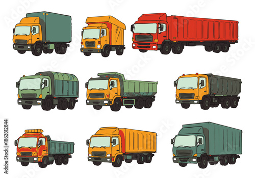 Collection of diverse cartoon trucks, including dump trucks, box trucks, and semi-trucks, isolated on white background