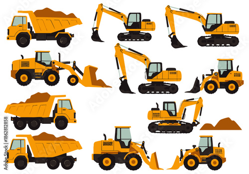 Collection of Yellow Construction Vehicles, Excavators, Dump Trucks, and Loaders on a White Background