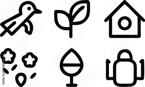 Spring and gardening outline icons set including bird seedling birdhouse flowers watering can and tree illustration