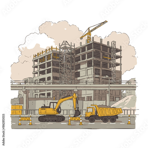 Construction site with excavator and dump truck building a large structure with crane and scaffolding under cloudy sky