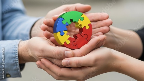 Wallpaper Mural Hands Holding Colorful Puzzle Pieces Together. Torontodigital.ca