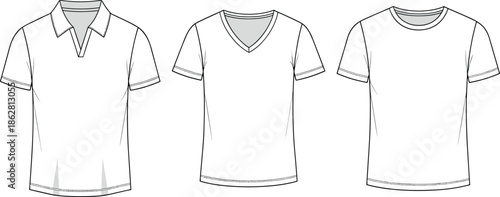 Technical Flat Vector Illustration Set Featuring Blank Men's Short Sleeve Polo Shirt V-Neck Tee and Classic Round Neck Crewneck T-Shirt