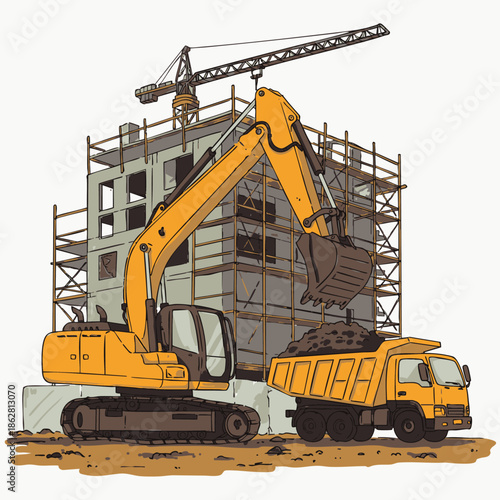 Construction site with excavator and dump truck loading dirt from building under scaffolding