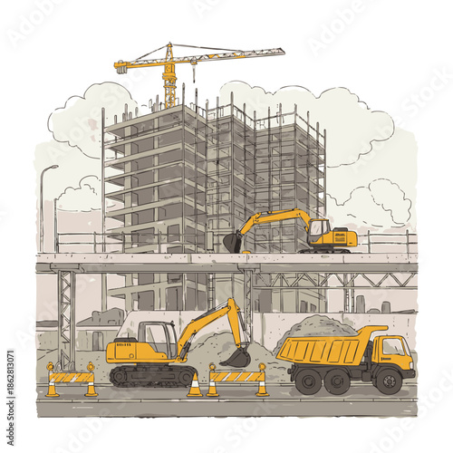 Construction site with excavators, dump truck, and building under construction with crane, urban development concept