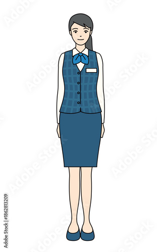 Office woman in blue checkered vest and skirt uniform