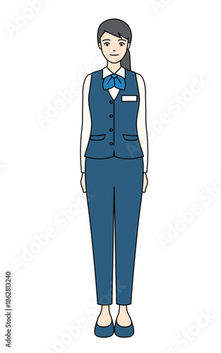 Professional woman in blue vest and pantsuit with ribbon tie