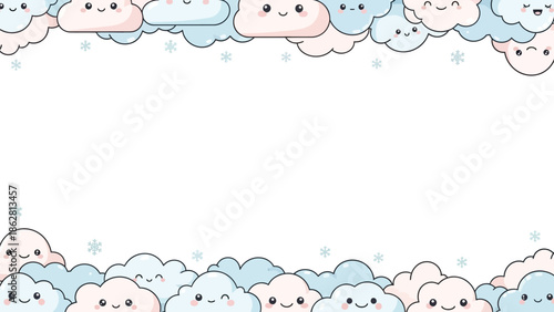 Kawaii Smiling Clouds and Snowflakes Border Frame Illustration