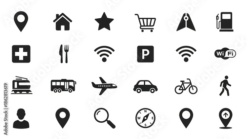 Black icons for travel and transportation.