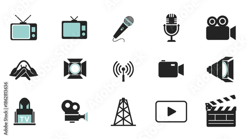 Black icons of film production equipment.