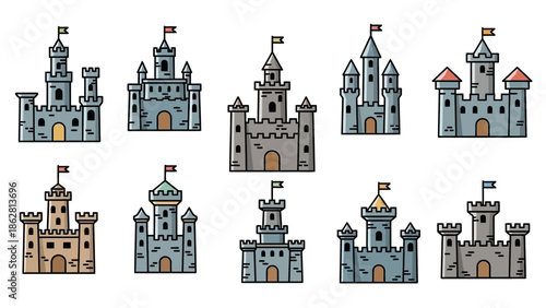 Collection of cartoon castle illustrations.