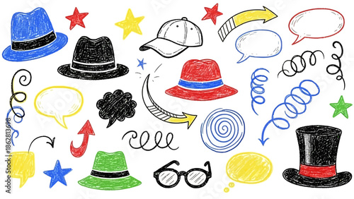 Collection of cartoon hats and accessories.