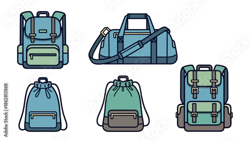 Collection of various blue backpacks.