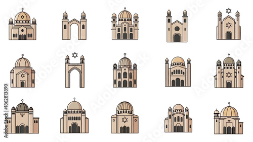 Collection of various church building facades.