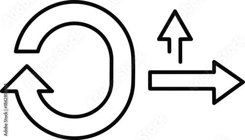 icon for circular growth, showing a looping arrow moving counterclockwise, and a straight arrow moving upwards and to the right. It may suggest continuous improvement and forward momentum
