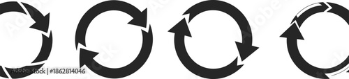 Minimalist black vector icons featuring circular arrows, recycle symbols, refresh buttons, loop indicators, and rotating movement graphics for interface design layouts.