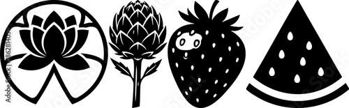 Black and White Icons of Food and Botanical Vector Graphics