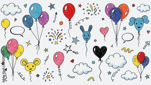 Colorful balloons in various shapes floating.