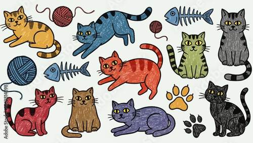 Colorful cartoon cats and kittens.